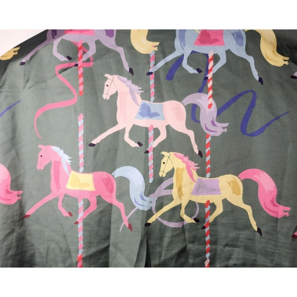 Karen Mabon Whimsical CAROUSEL Satin Pajama Shirt Women's Size XLARGE Green RARE